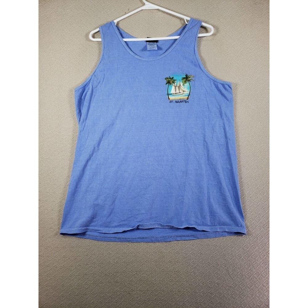 St. Maarten Top Mens Large Blue West Indies Graphic Pullover Activewear Tank Top